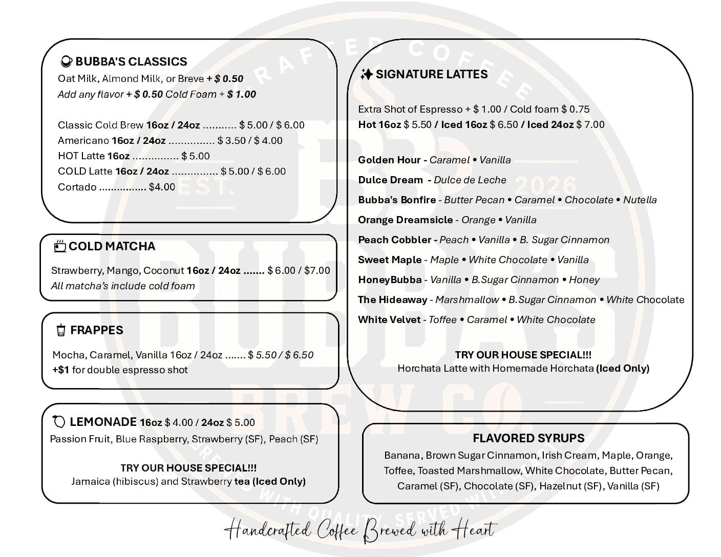 Bubbas Brew Menu
